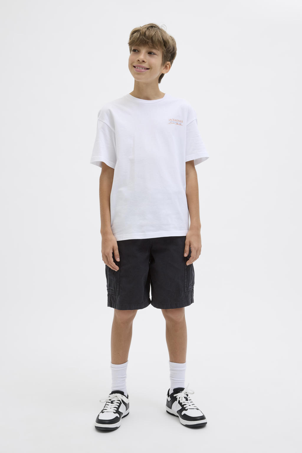 Zwarte jongens JACK & JONES JUNIOR cargo short van katoen met loose fit, regular waist en effen