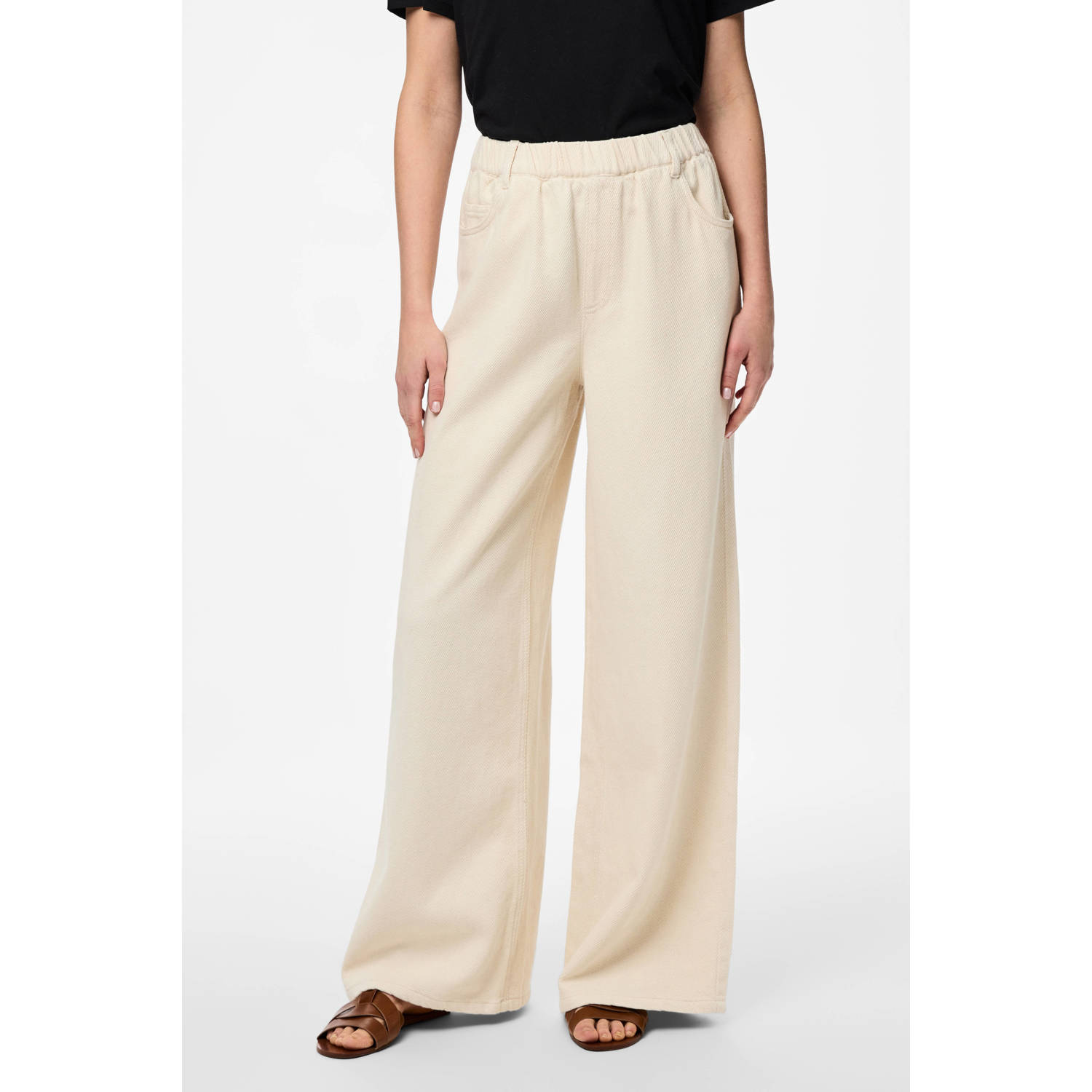 PIECES wide leg regular waist broek beige