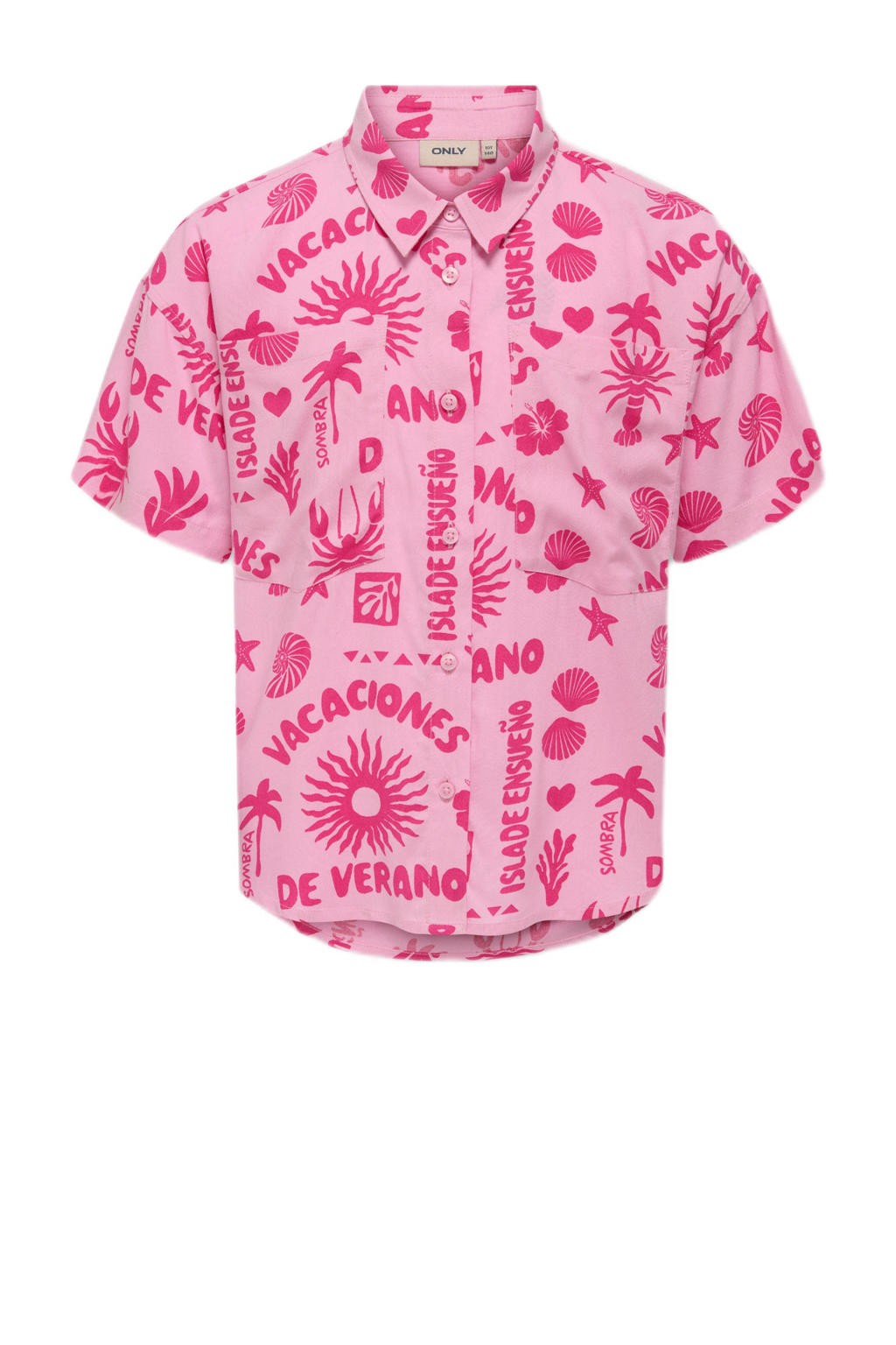 Roze meisjes KIDS ONLY GIRL blouse van viscose met effen, korte mouwen, klassieke kraag en knoopsluiting