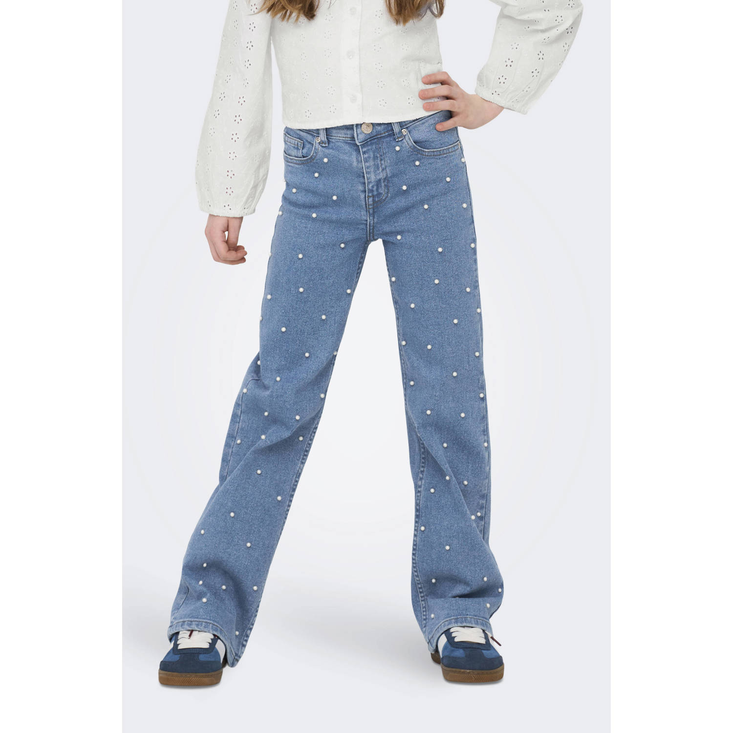 ONLY KIDS GIRL wide leg jeans met parels light blue denim