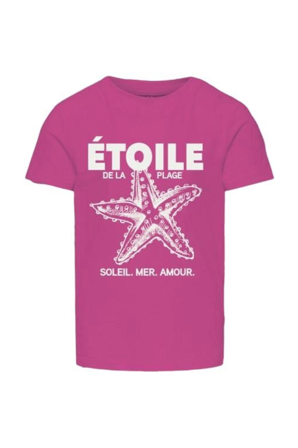 Fuchsia meisjes KIDS ONLY GIRL T-shirt van katoen met printopdruk, korte mouwen, ronde hals en gebreide details