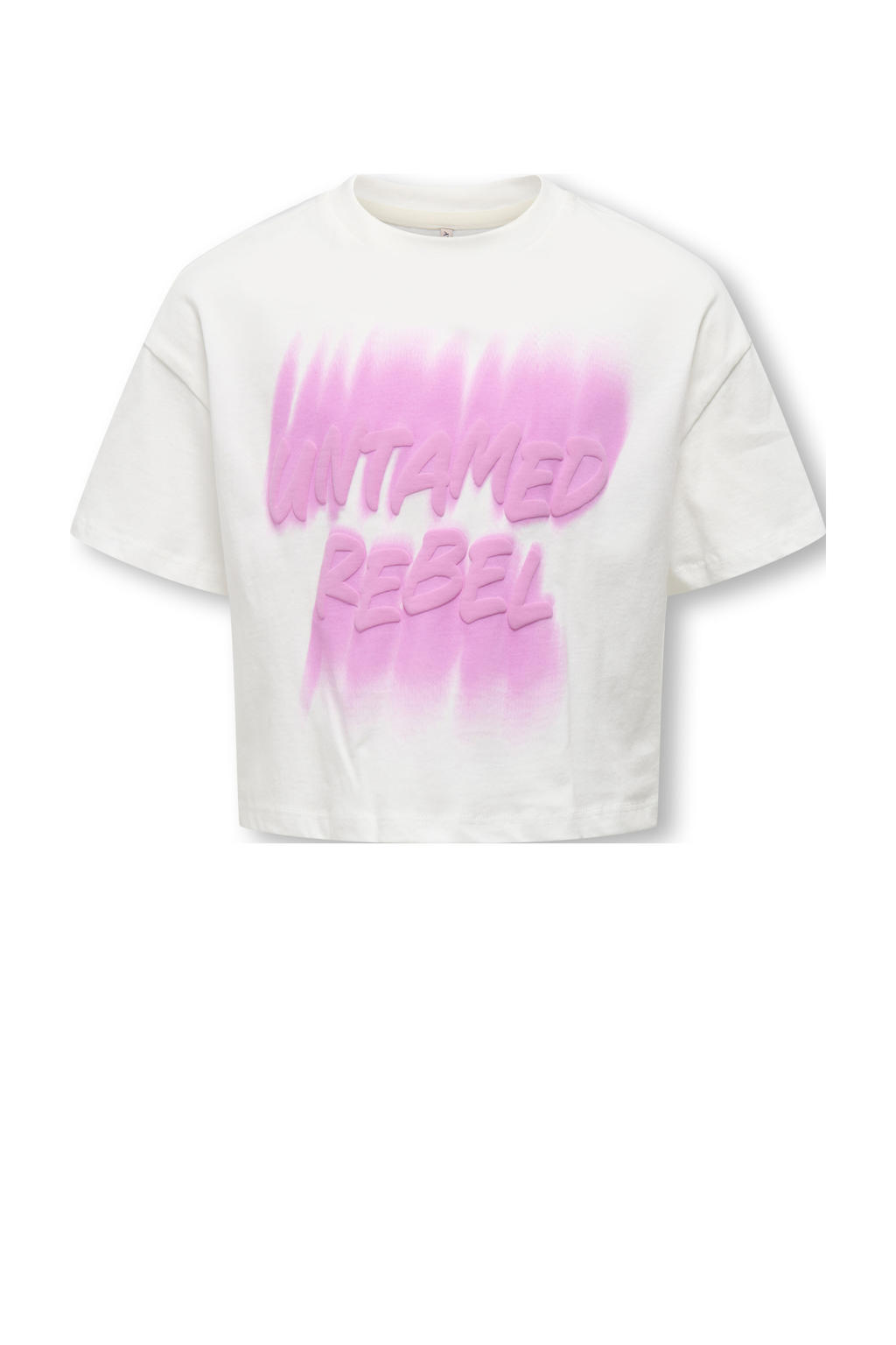 Wit en neonkleurige meisjes KIDS ONLY GIRL T-shirt van katoen met tekst print, korte mouwen en ronde hals