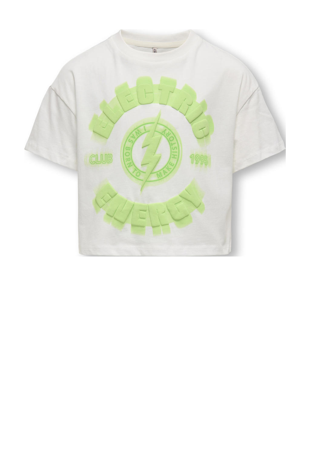 Wit en neonkleurige meisjes KIDS ONLY GIRL T-shirt van katoen met tekst print, korte mouwen en ronde hals