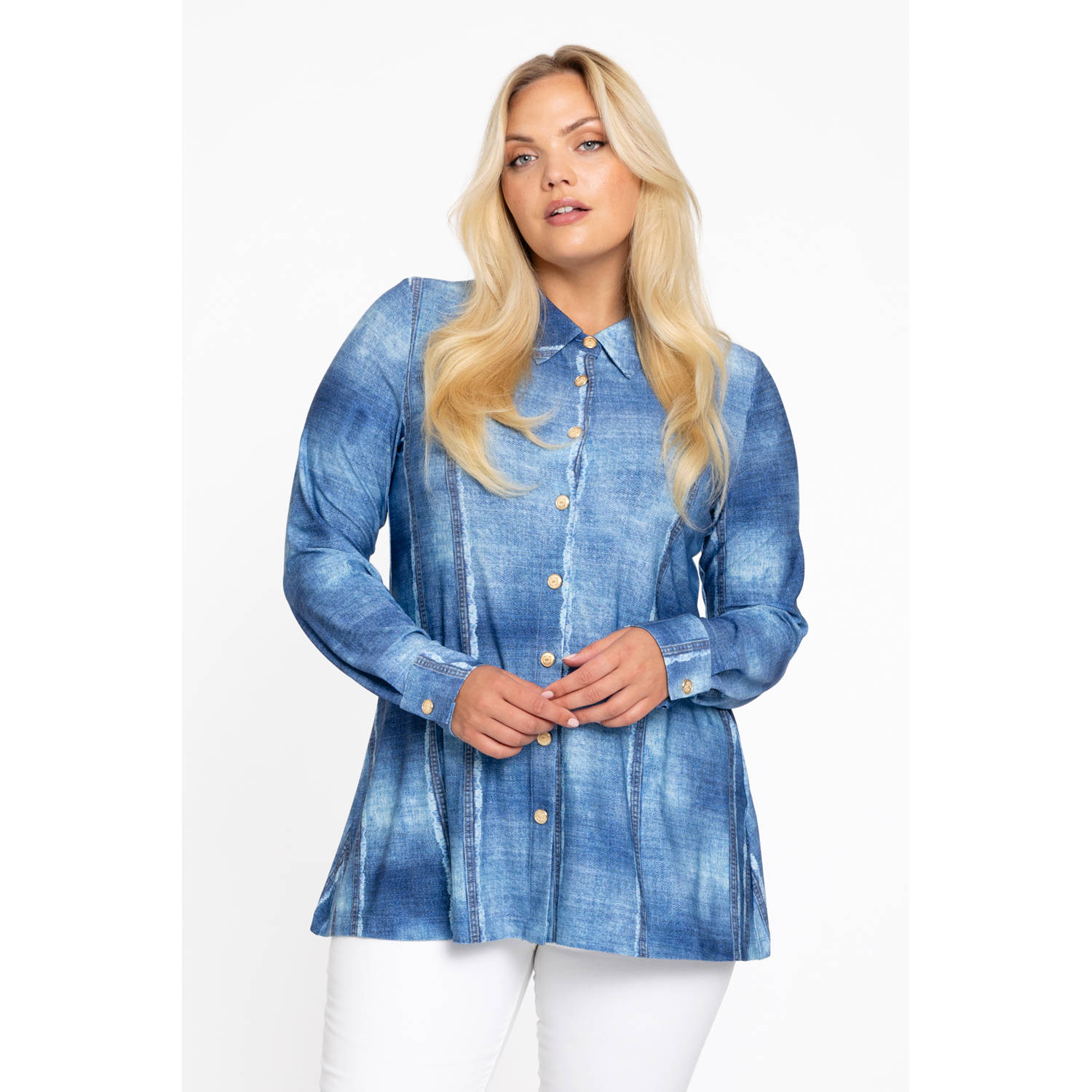 YOEK blouse blauw denimprint