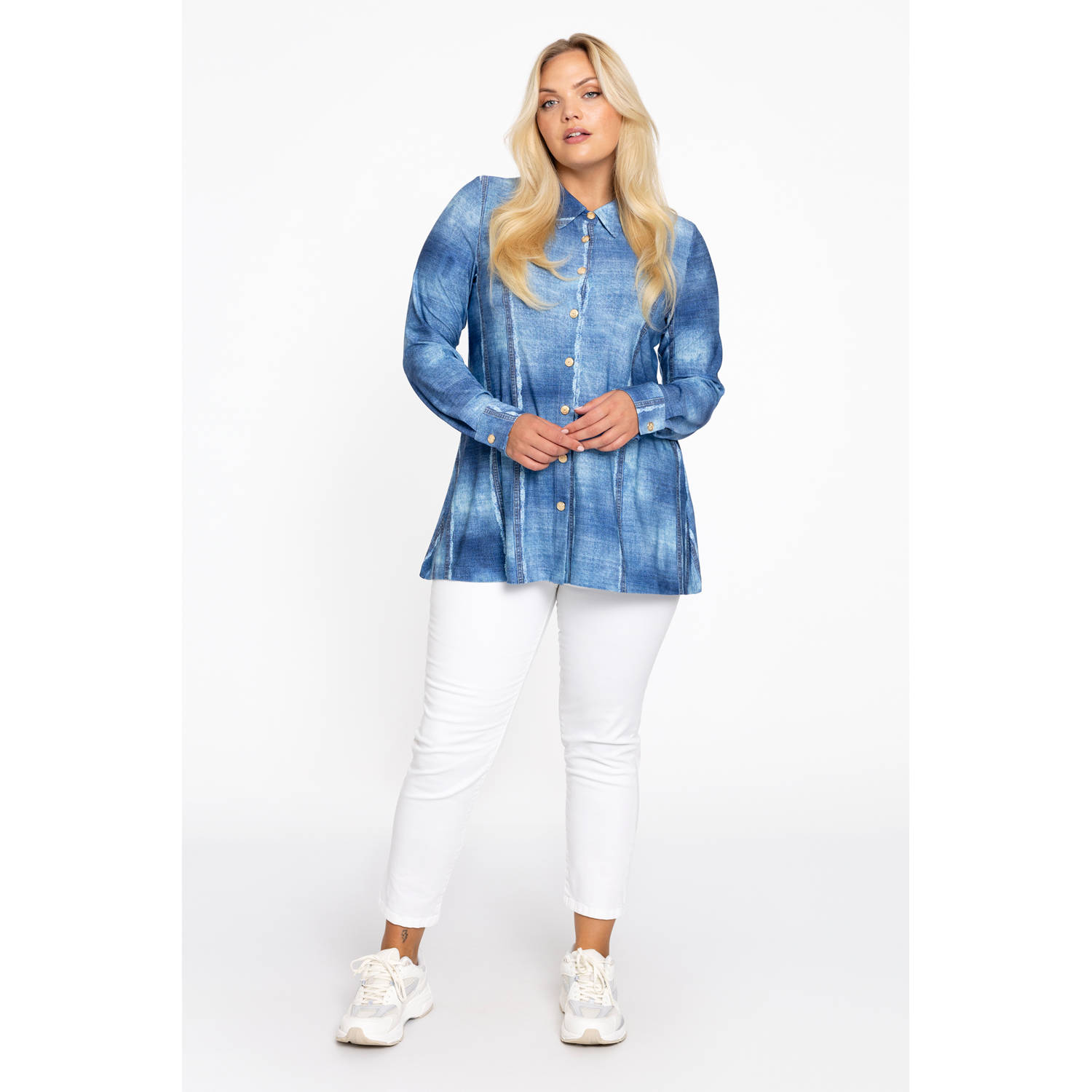 YOEK blouse blauw denimprint