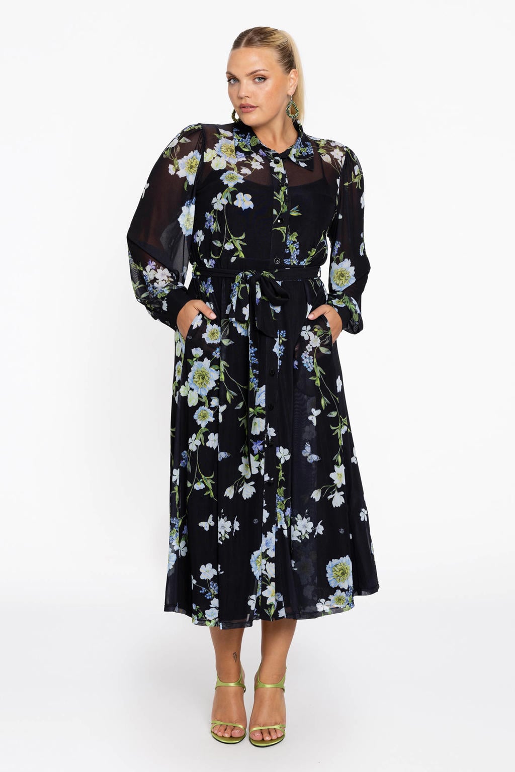YOEK Plus Size gebloemde blousejurk met ceintuur - zwart