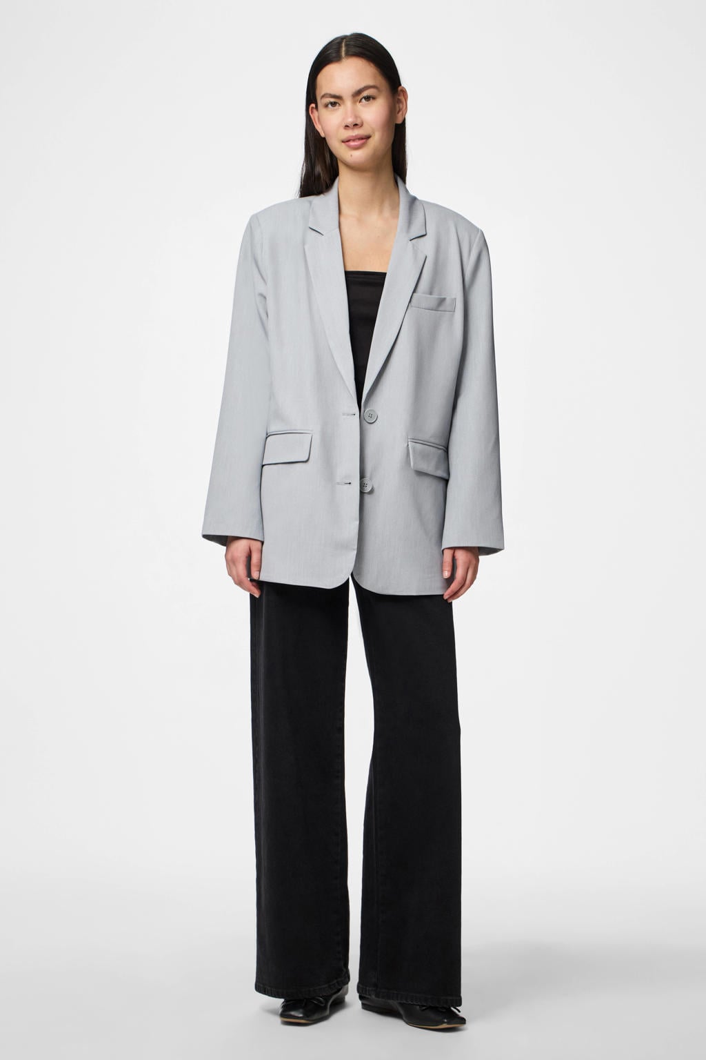 Grijze dames PIECES oversized blazer van polyester met effen, lange mouwen, reverskraag en knoopsluiting
