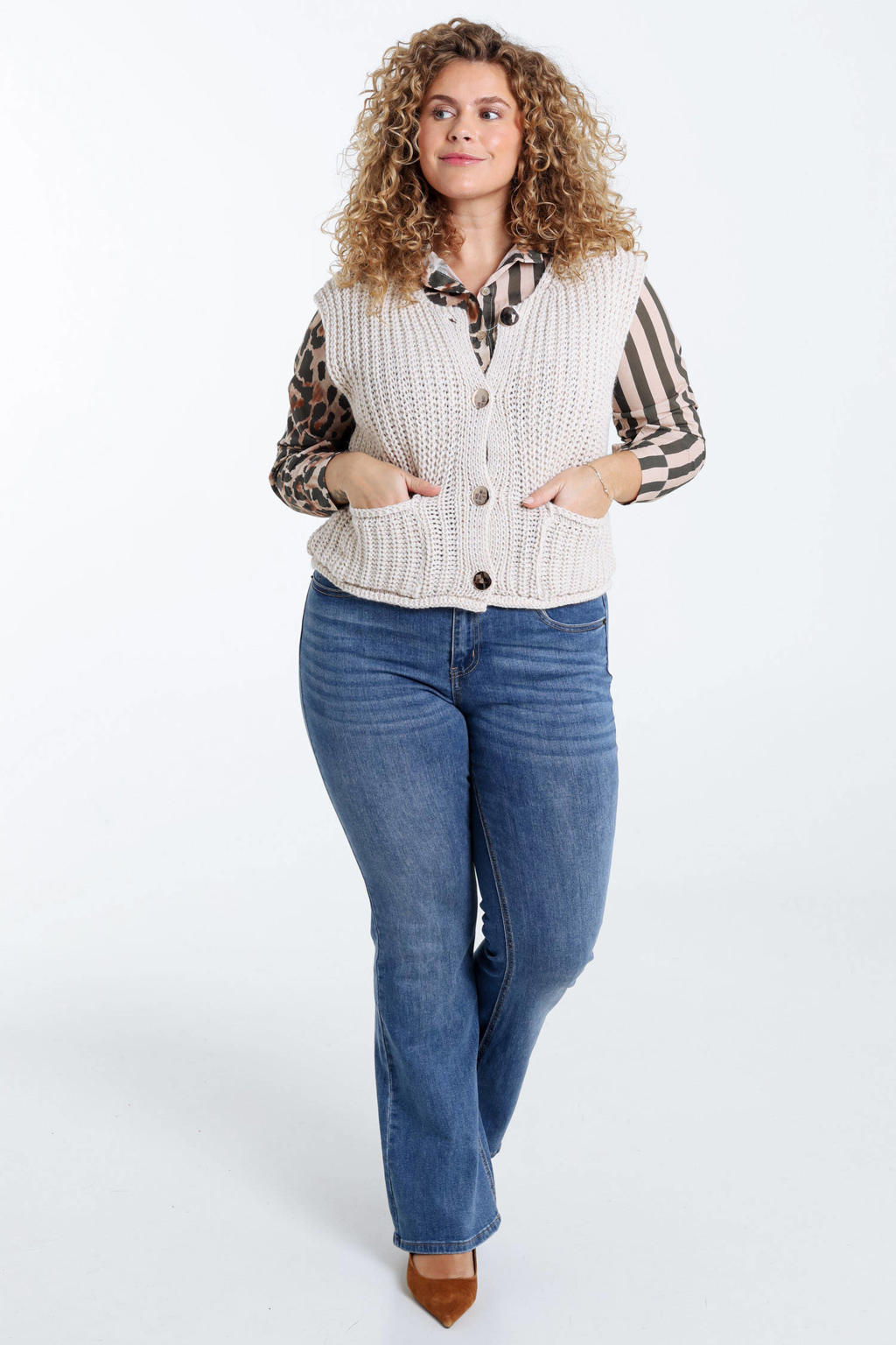 Beige dames Paprika mouwloze top gebreid van polyester met effen, ronde hals en knoopsluiting