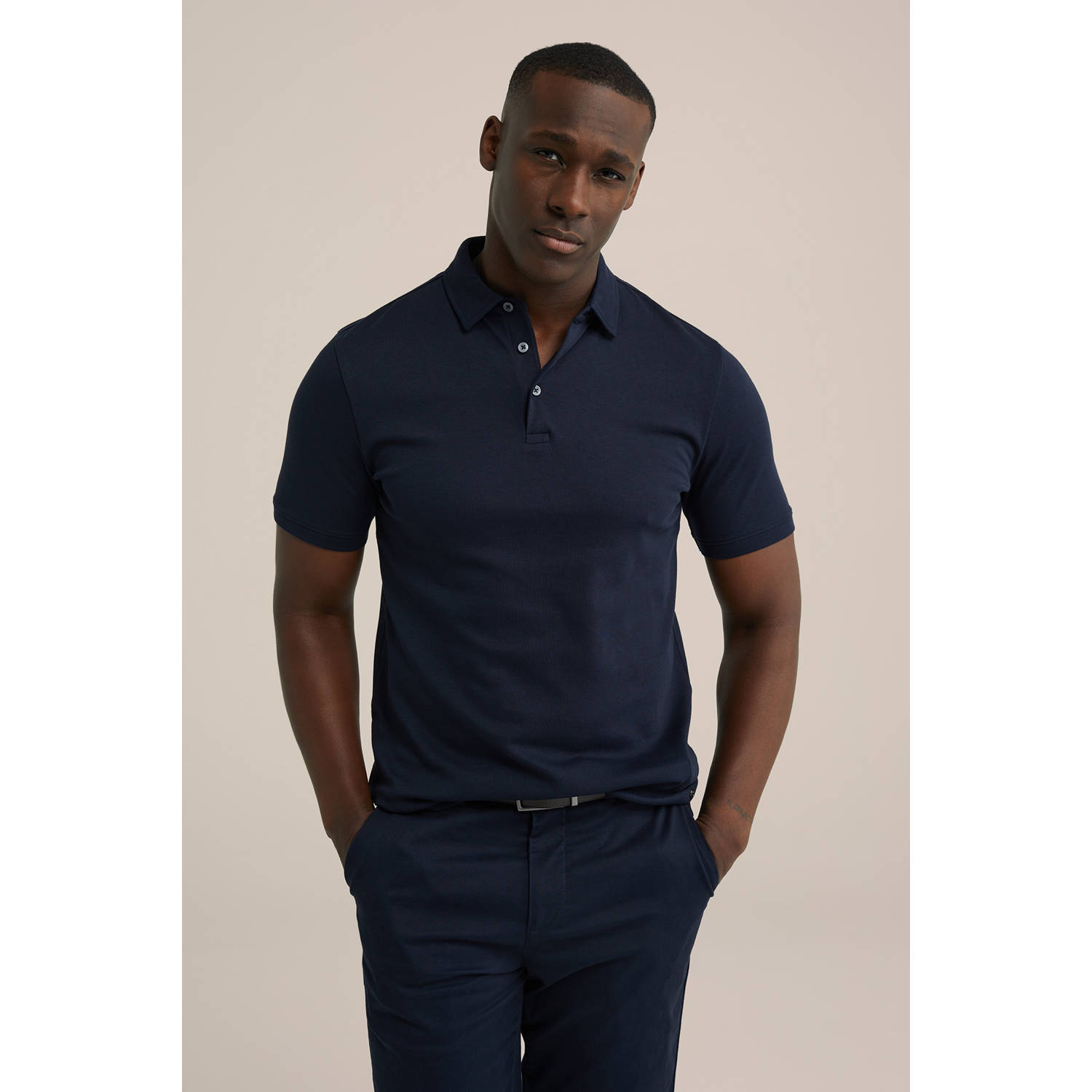 WE Fashion slim polo donkerblauw