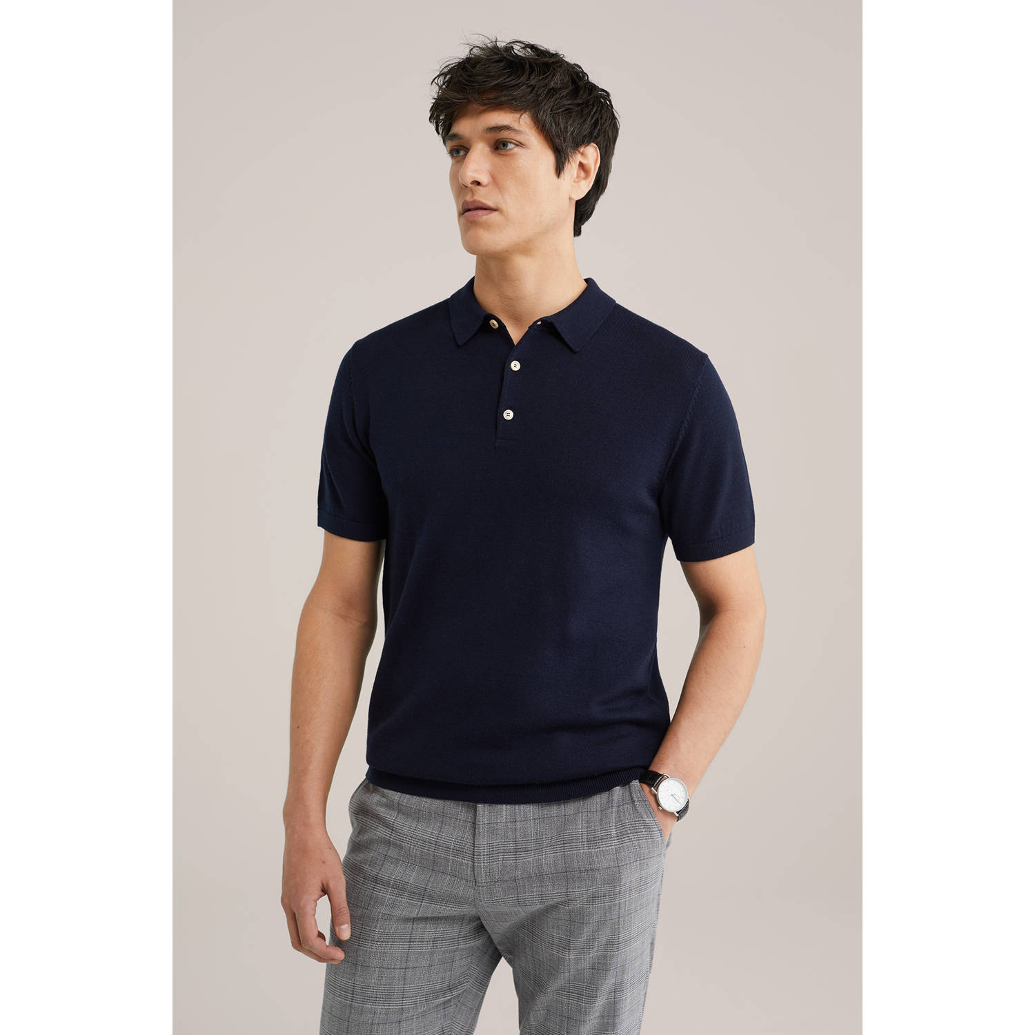 WE Fashion regular polo gebreid donkerblauw