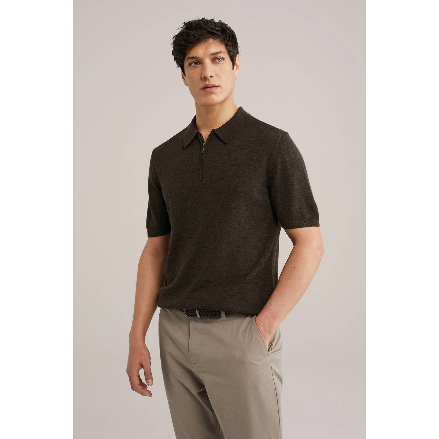WE Fashion regular polo gebreid donkerbruin
