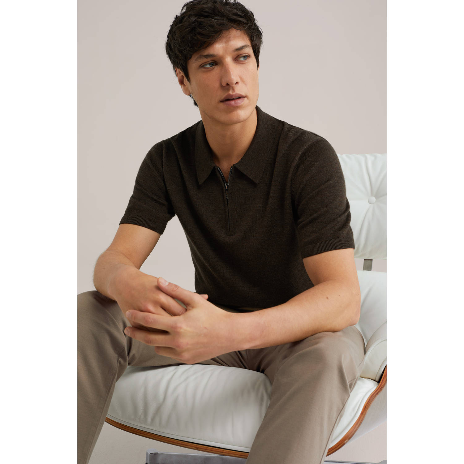 WE Fashion regular polo gebreid donkerbruin