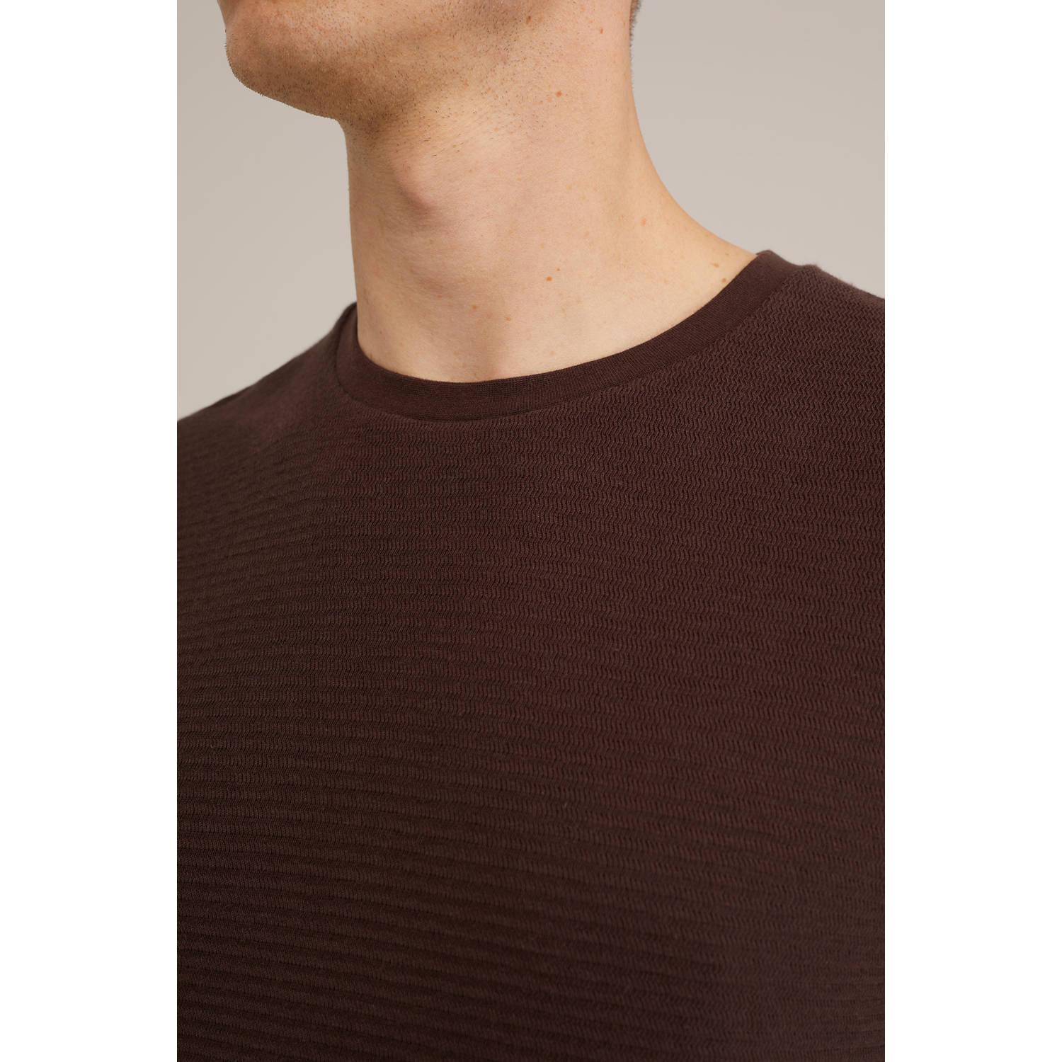 WE Fashion T-shirt met ingebreid patroon donkerbruin