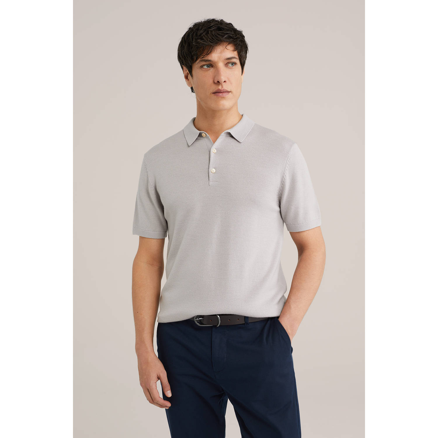 WE Fashion regular polo gebreid lichtgrijs
