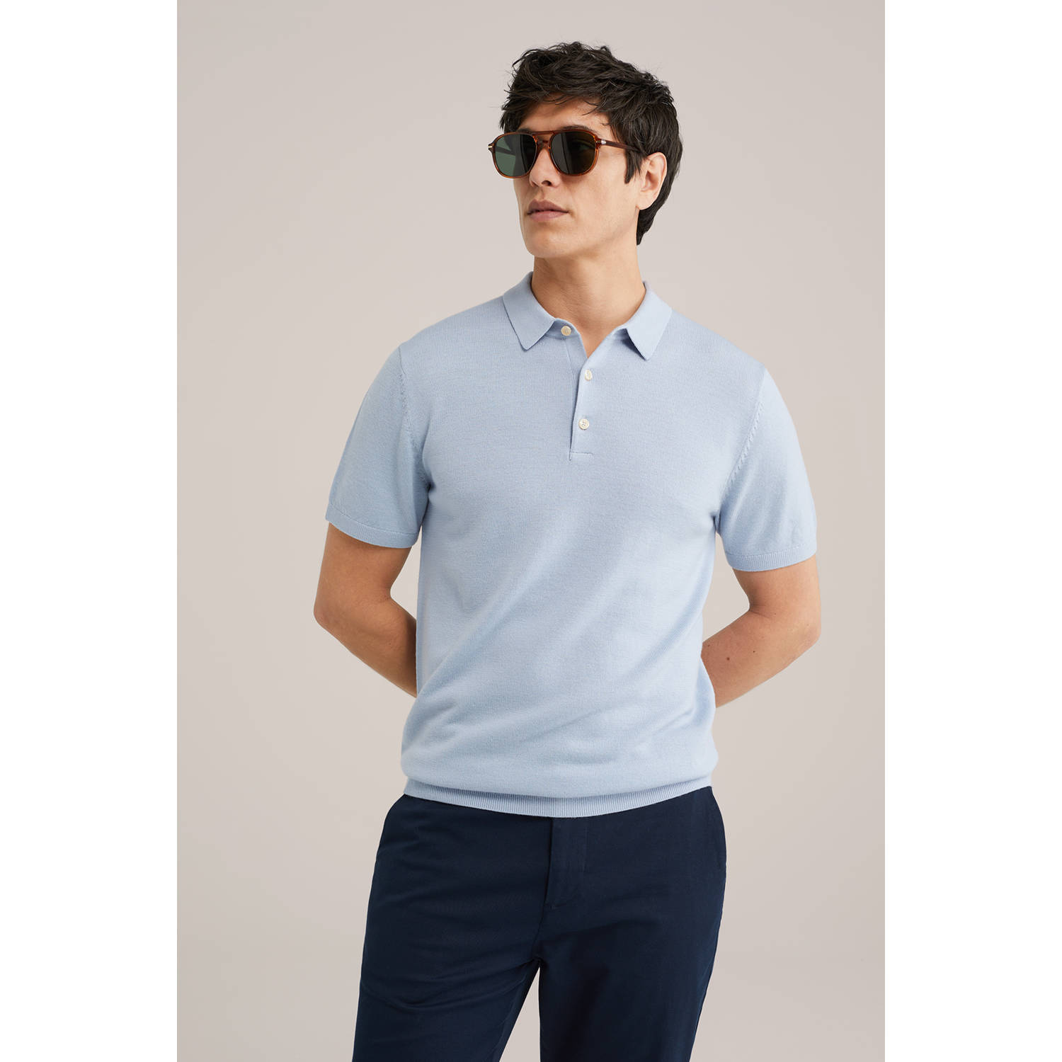 WE Fashion regular polo gebreid lichtblauw