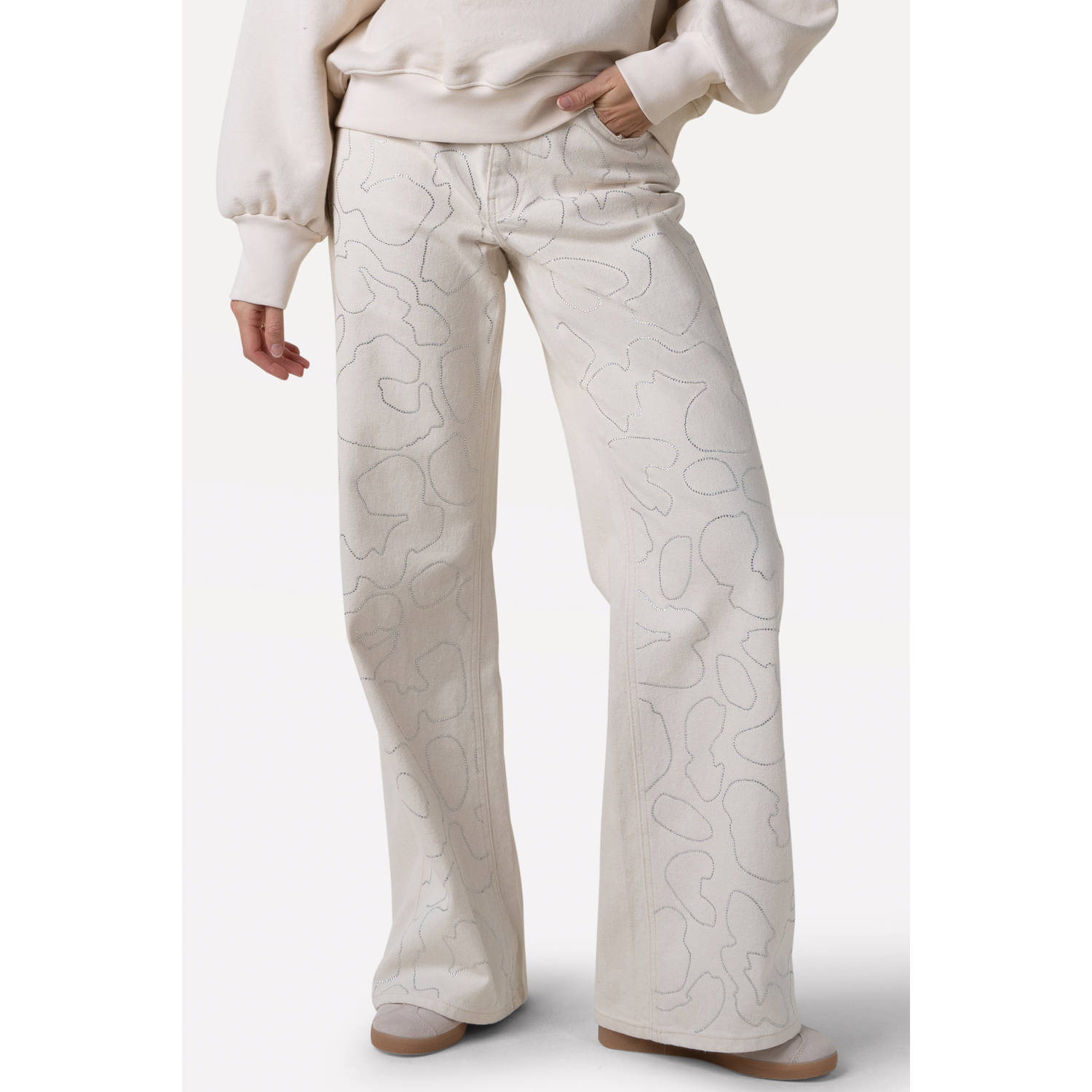 Another-Label high waist wide leg jeans ecru met strass steentjes