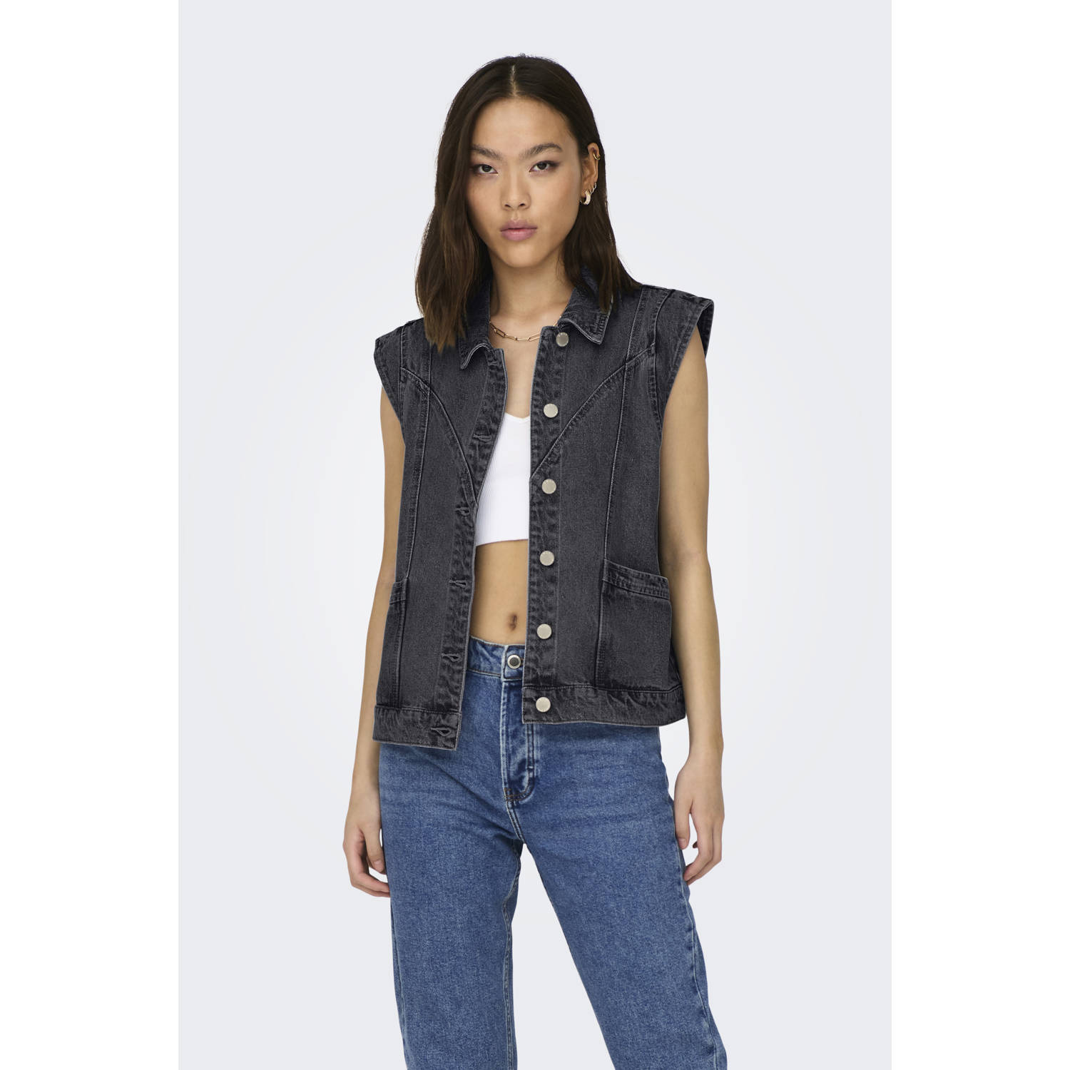 Only Gewassen Zwarte Denim Vest Black Dames