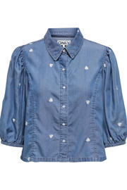 thumbnail: Medium blue denim dames ONLY blouse van denim met effen, driekwart mouwen, klassieke kraag, knoopsluiting en geweven detail