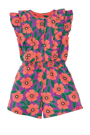playsuit Fortuna met ruches paars/koraalrood/groen