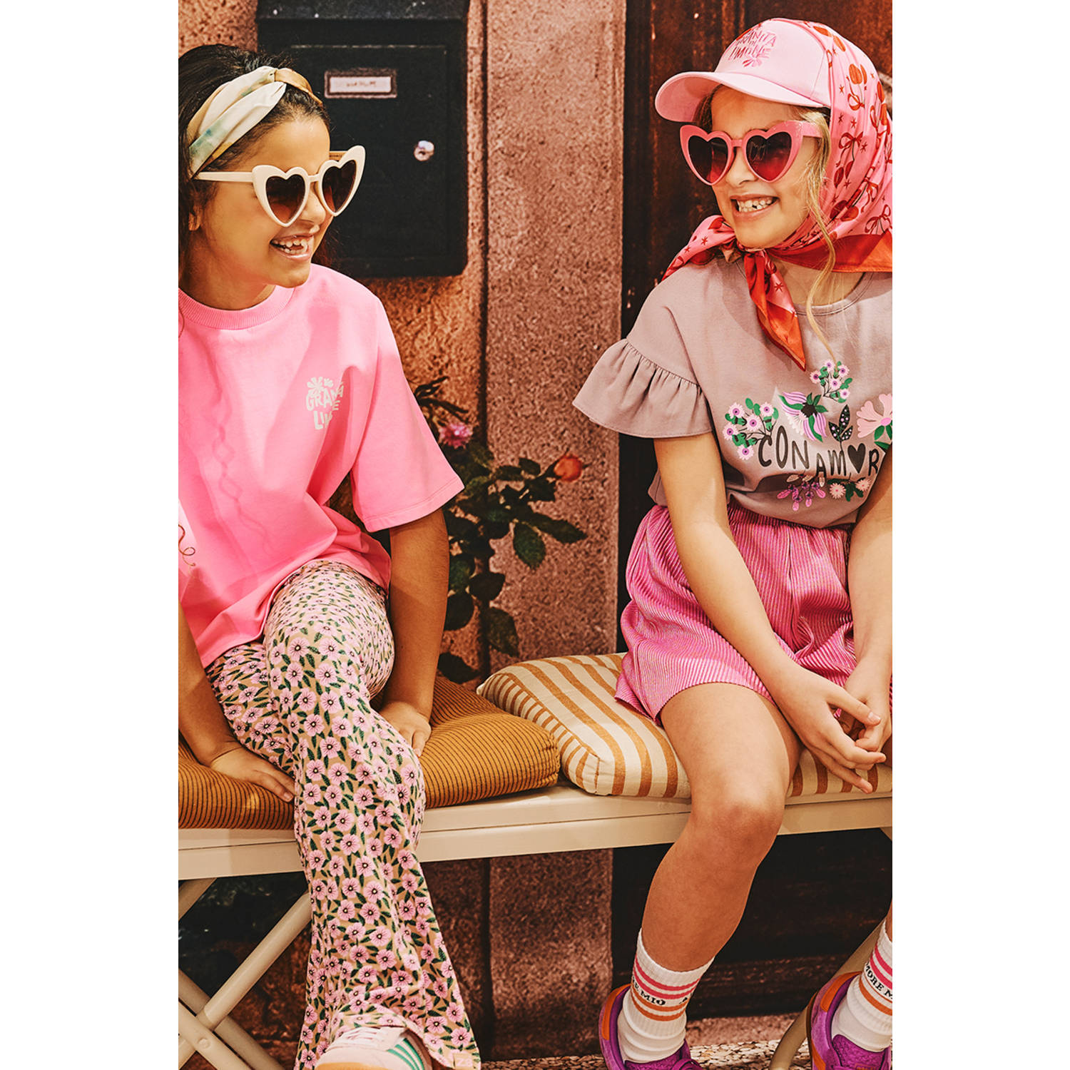 Z8 kids flared broek Alegra met bloemenprint roze groen beige