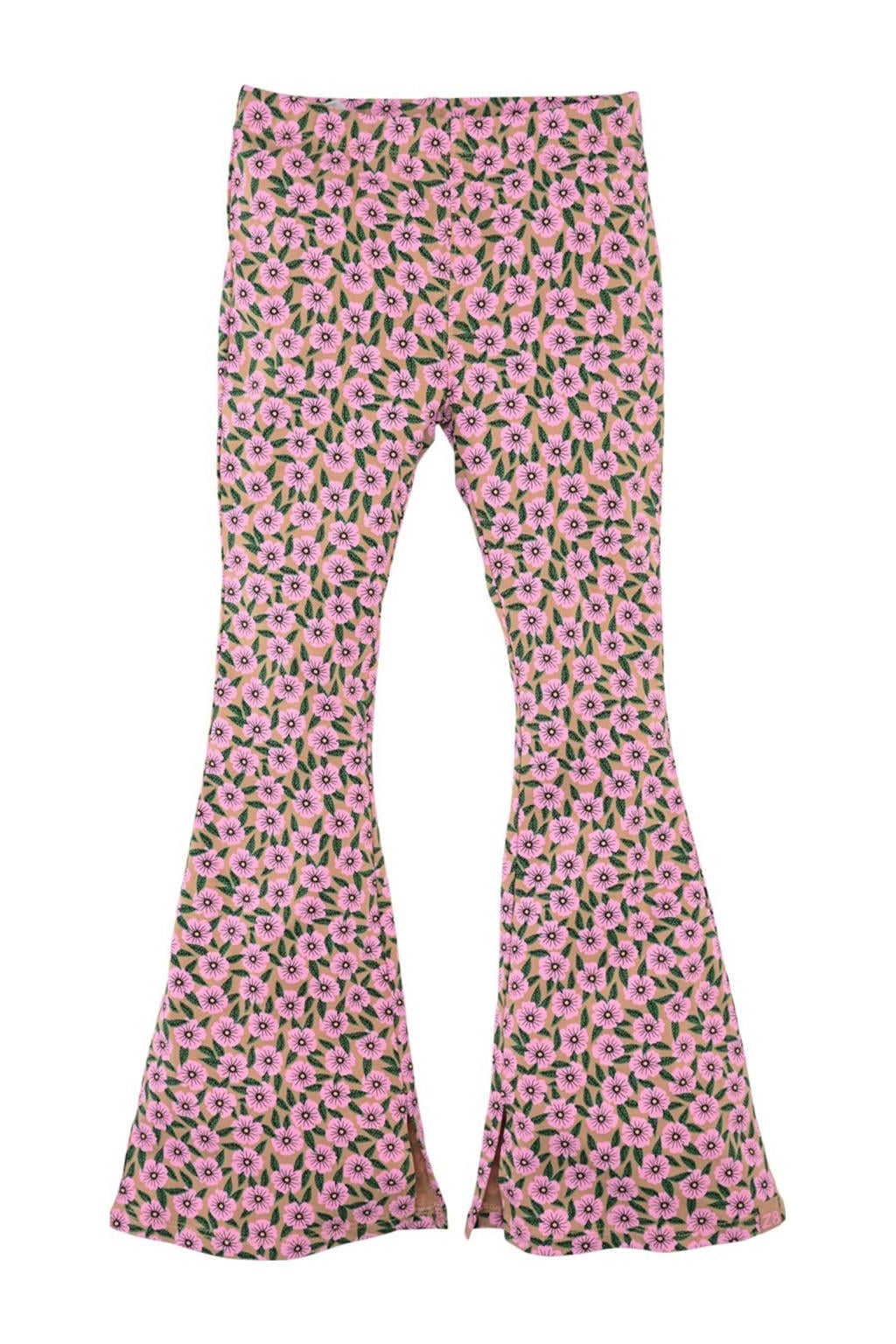 Roze, groen en beige meisjes Z8 kids flared broek Alegra van stretchkatoen met elastische tailleband en bloemenprint