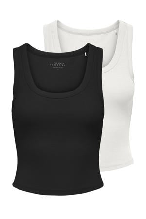 mouwloze cropped tank top zwart/ecru (set van 2)