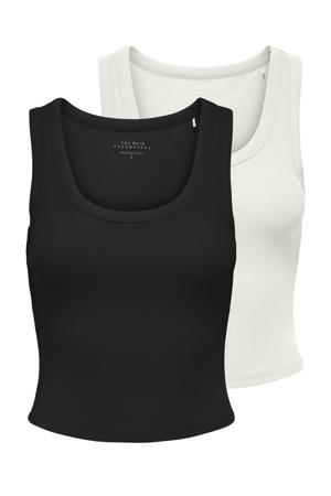 mouwloze cropped tank top zwart/ecru (set van 2)