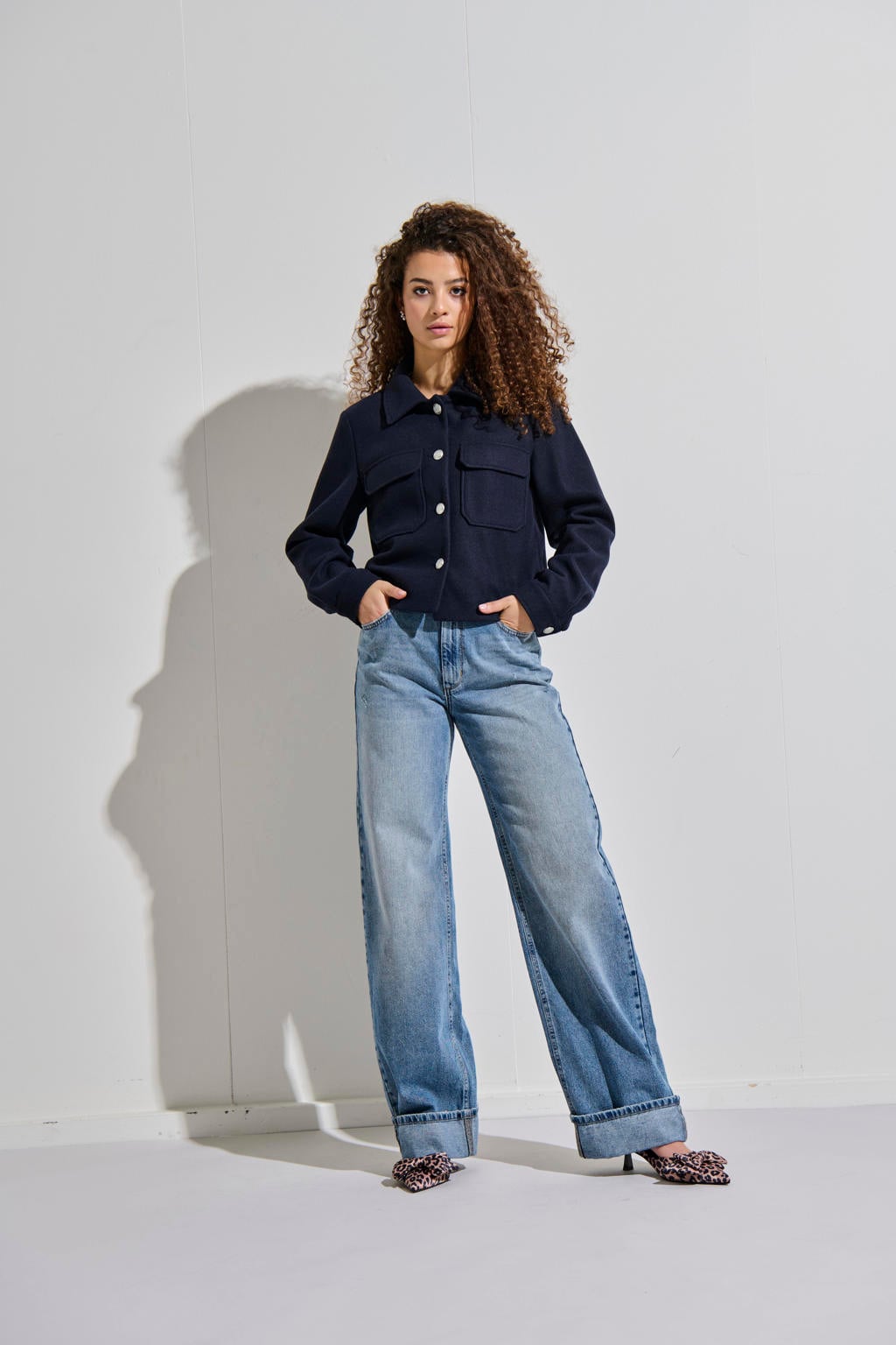 Donkerblauwe dames ONLY jasje van polyester met effen, lange mouwen, klassieke kraag en knoopsluiting