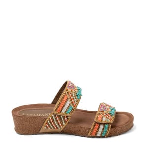 leren slippers met kraaltjes oranje/turquoise