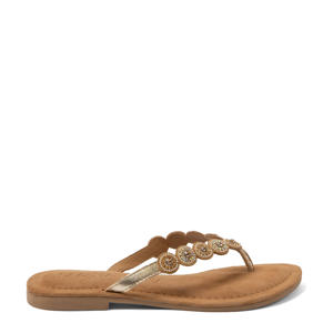   leren teenslippers cognac