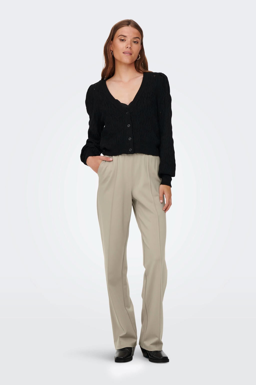 Beige dames ONLY wide leg regular waist palazzo broek van viscose met effen