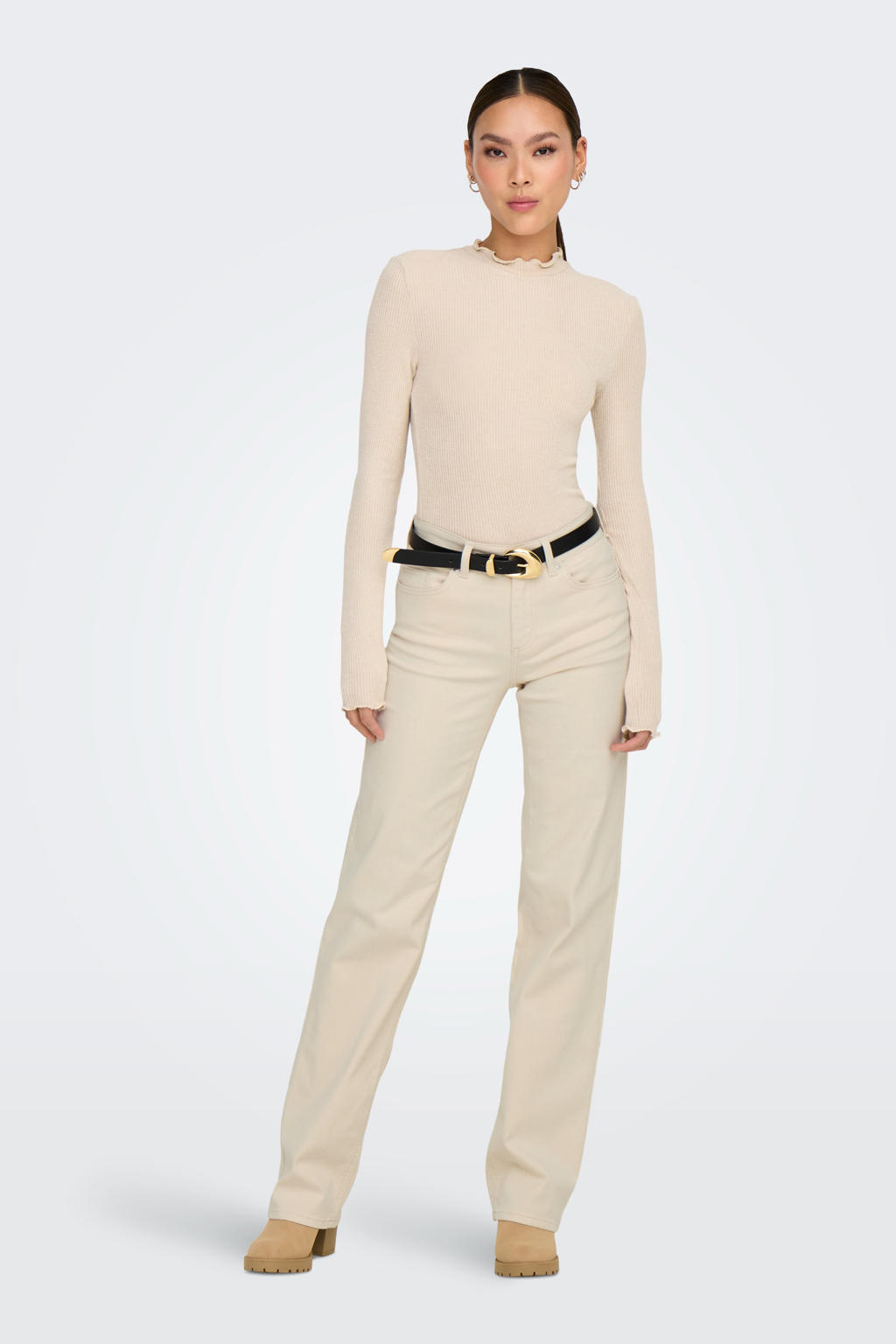 Ecru dames ONLY straight fit jeans van denim met regular waist, rits- en knoopsluiting en stippenprint