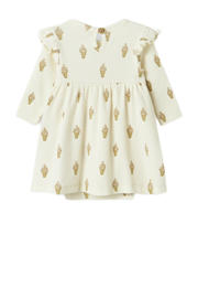 thumbnail: Ecru en beige meisjes LIL' ATELIER BABY korte jurk van katoen met effen, lange mouwen en ronde hals