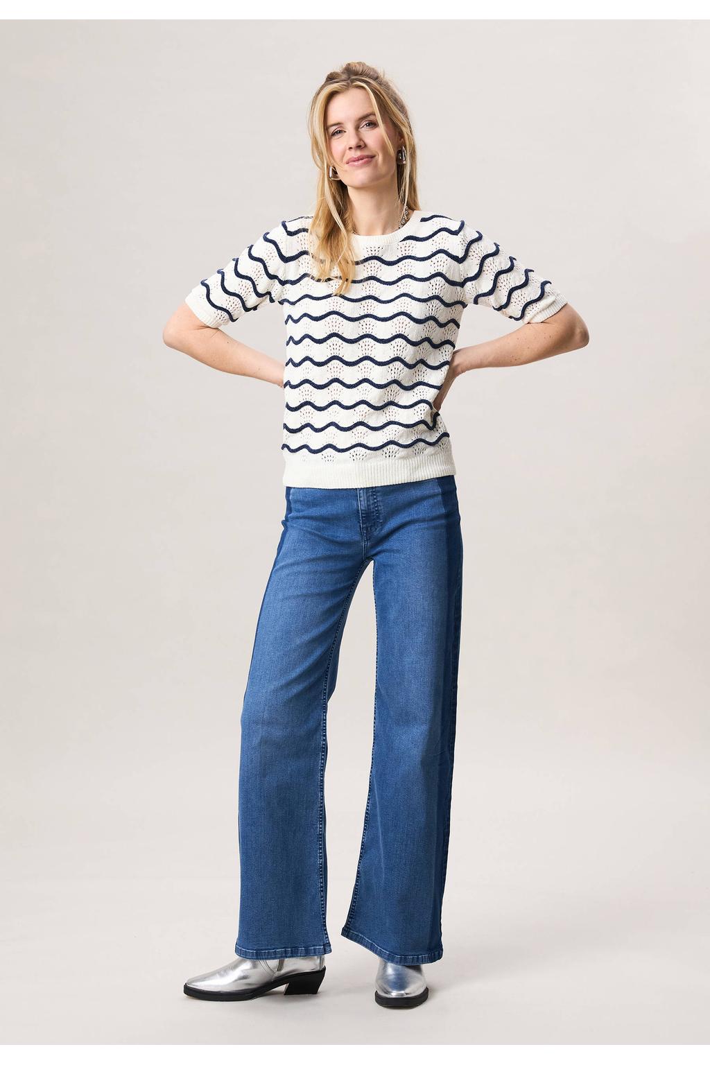 Crème, ecru en donkerblauwe dames Miss Etam top gebreid van polyethyleen met strepenprint, korte mouwen en ronde hals