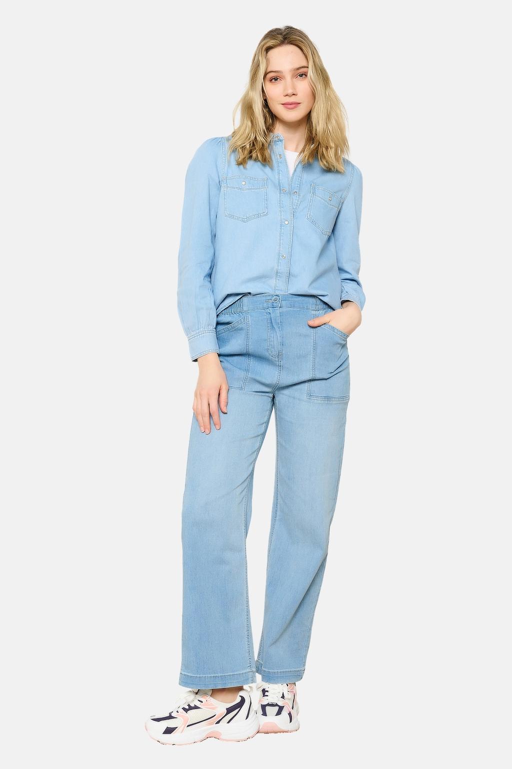 Light blue denim dames LOLALIZA blouse van denim met effen, lange mouwen, klassieke kraag en knoopsluiting