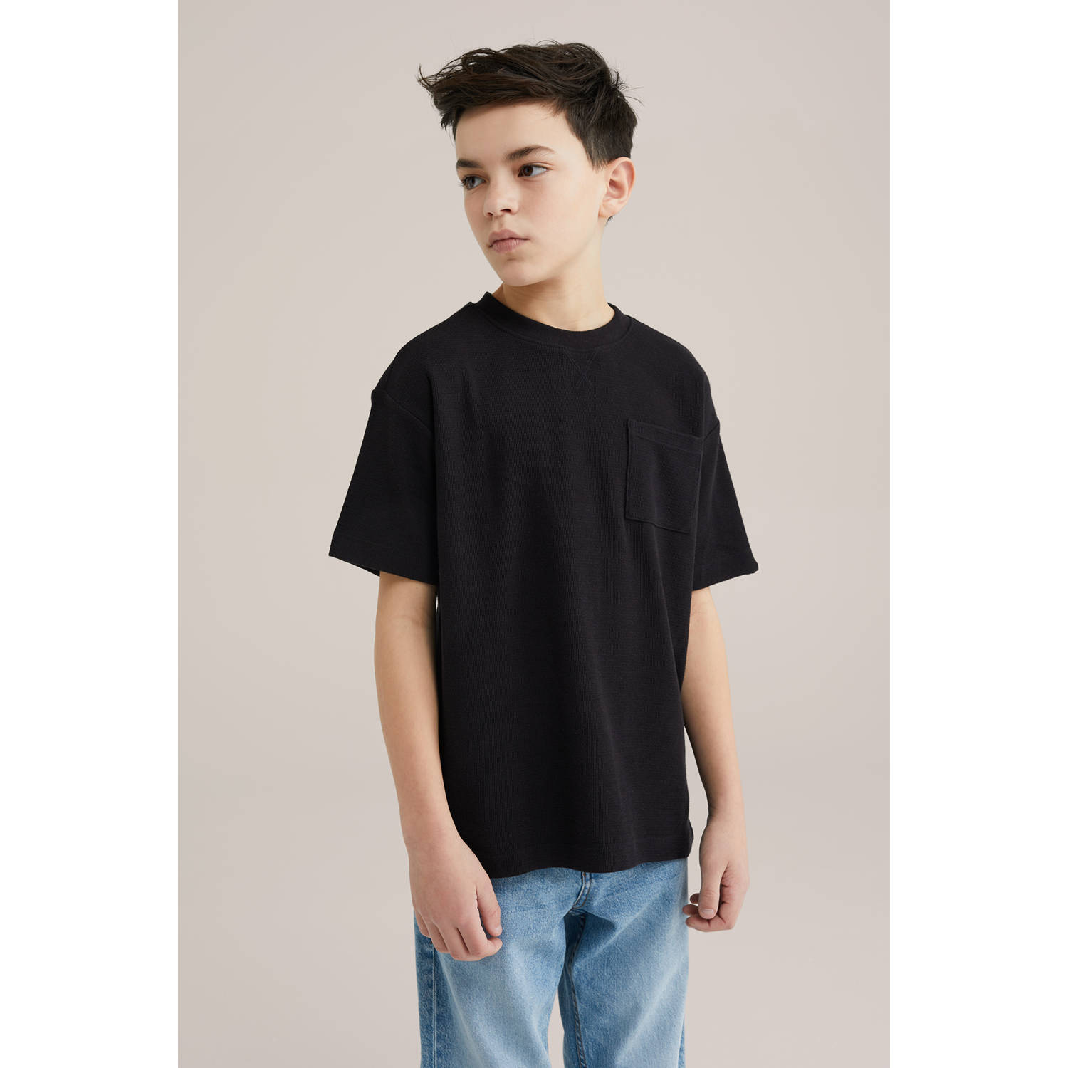 WE Fashion Blue Ridge T-shirt zwart fijn gebreid