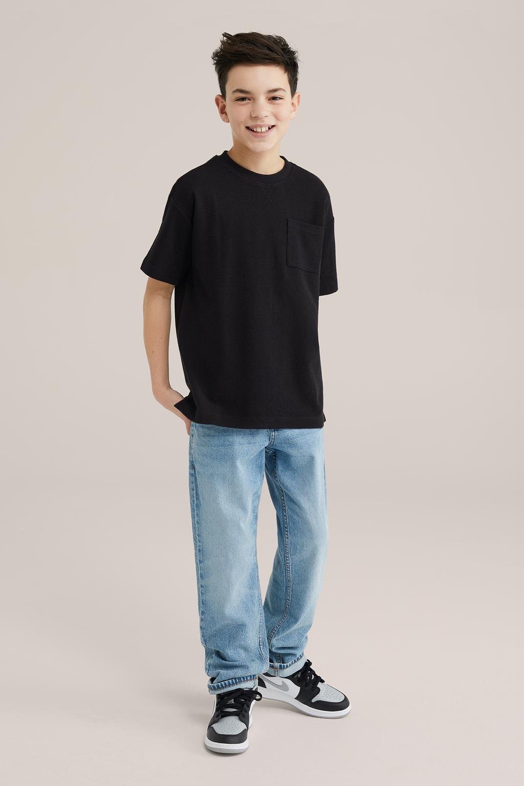 Zwarte jongens WE Fashion Blue Ridge T-shirt fijn gebreid van katoen met effen, korte mouwen en ronde hals