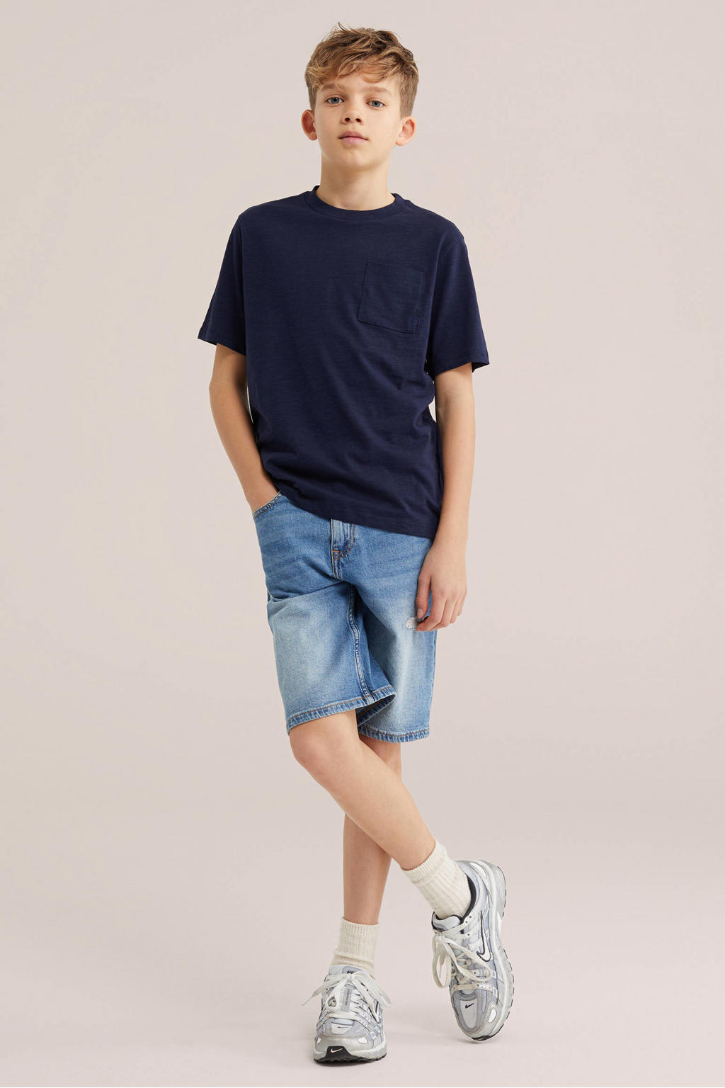 Donkerblauwe jongens WE Fashion Blue Ridge T-shirt blauw van katoen met effen, korte mouwen en ronde hals