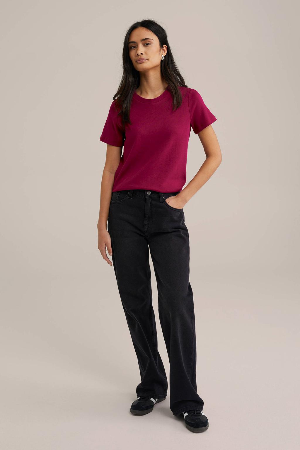 Donkerrode dames WE Fashion T-shirt van katoen met effen, korte mouwen en ronde hals