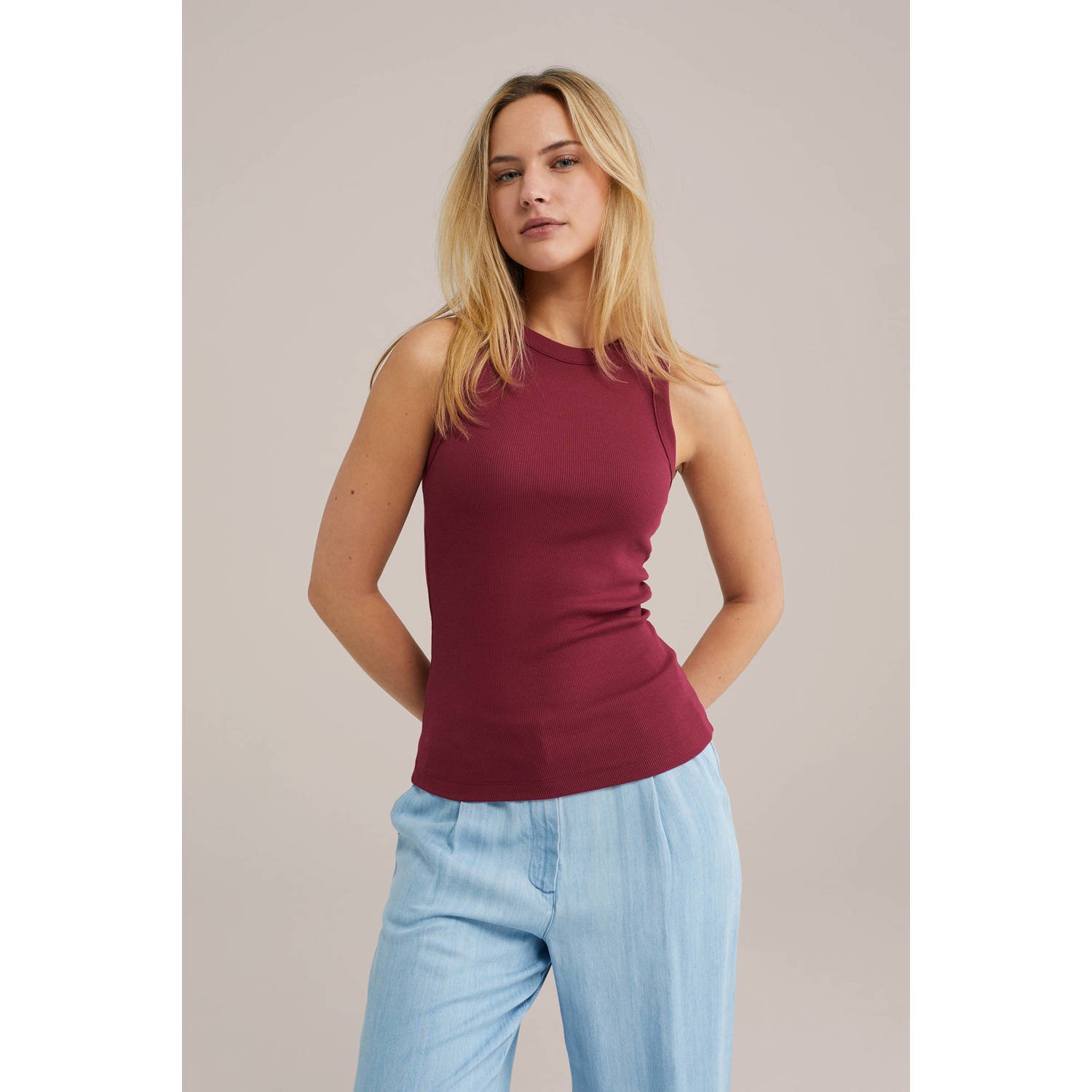 WE Fashion haltertop rib gebreid donkerrood