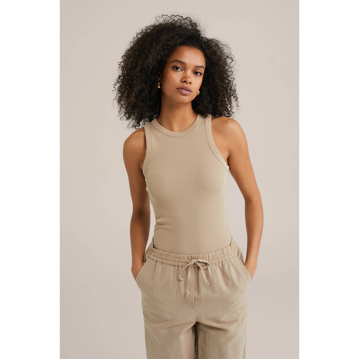 WE Fashion haltertop beige rib gebreid