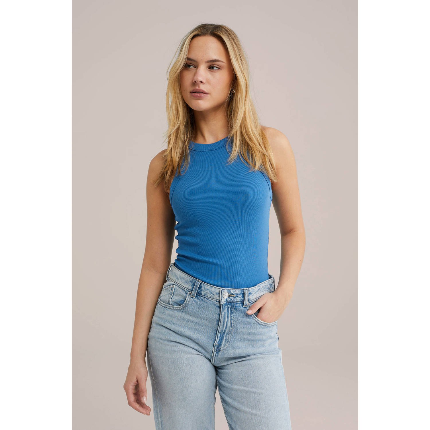WE Fashion haltertop blauw rib gebreid