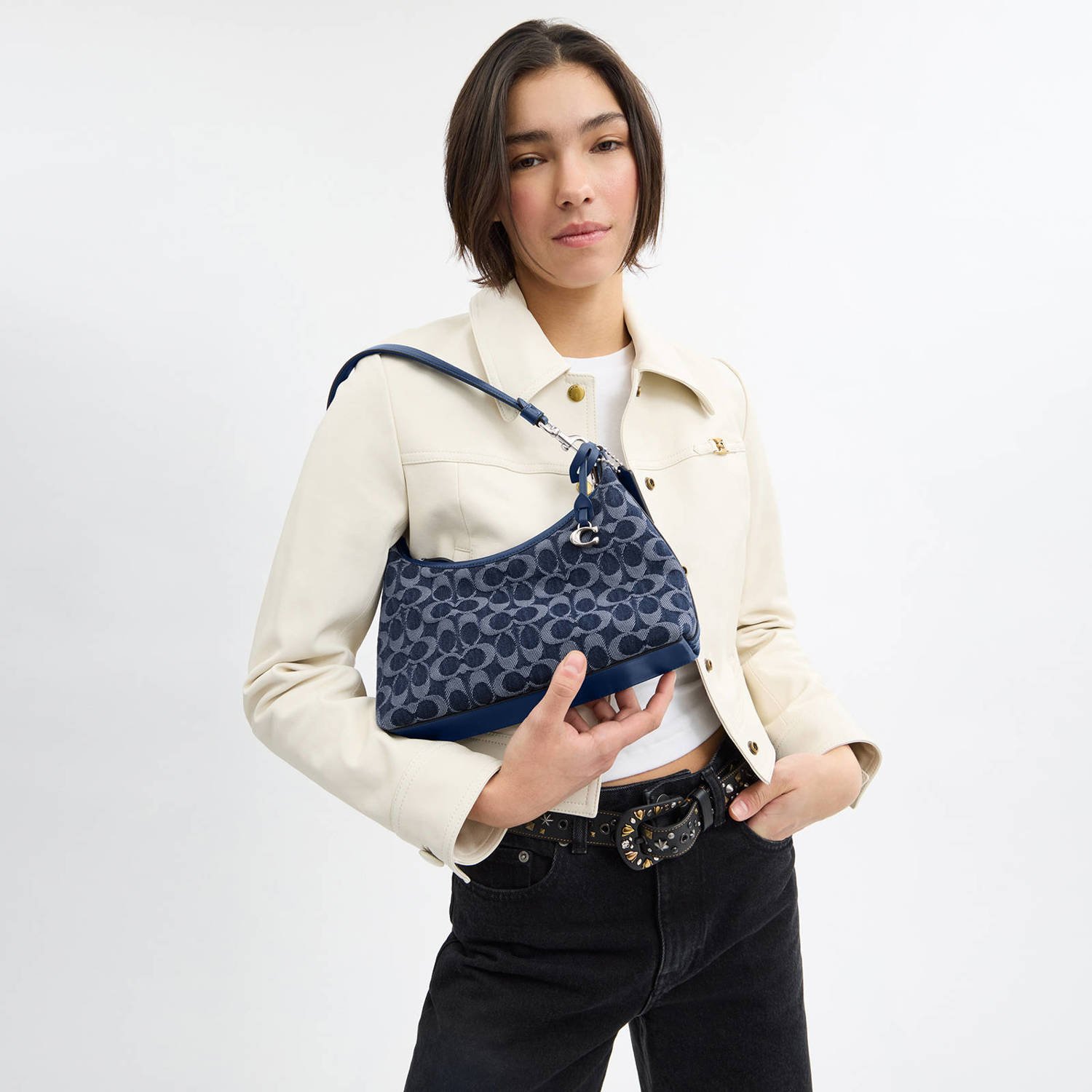 Coach denim schoudertas Juliet 25 met logoprint donkerblauw