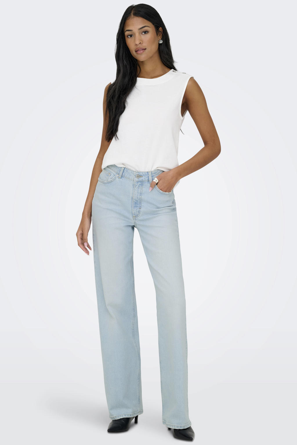 Light blue denim dames ONLY high waist wide leg jeans van katoen met rits- en knoopsluiting en effen