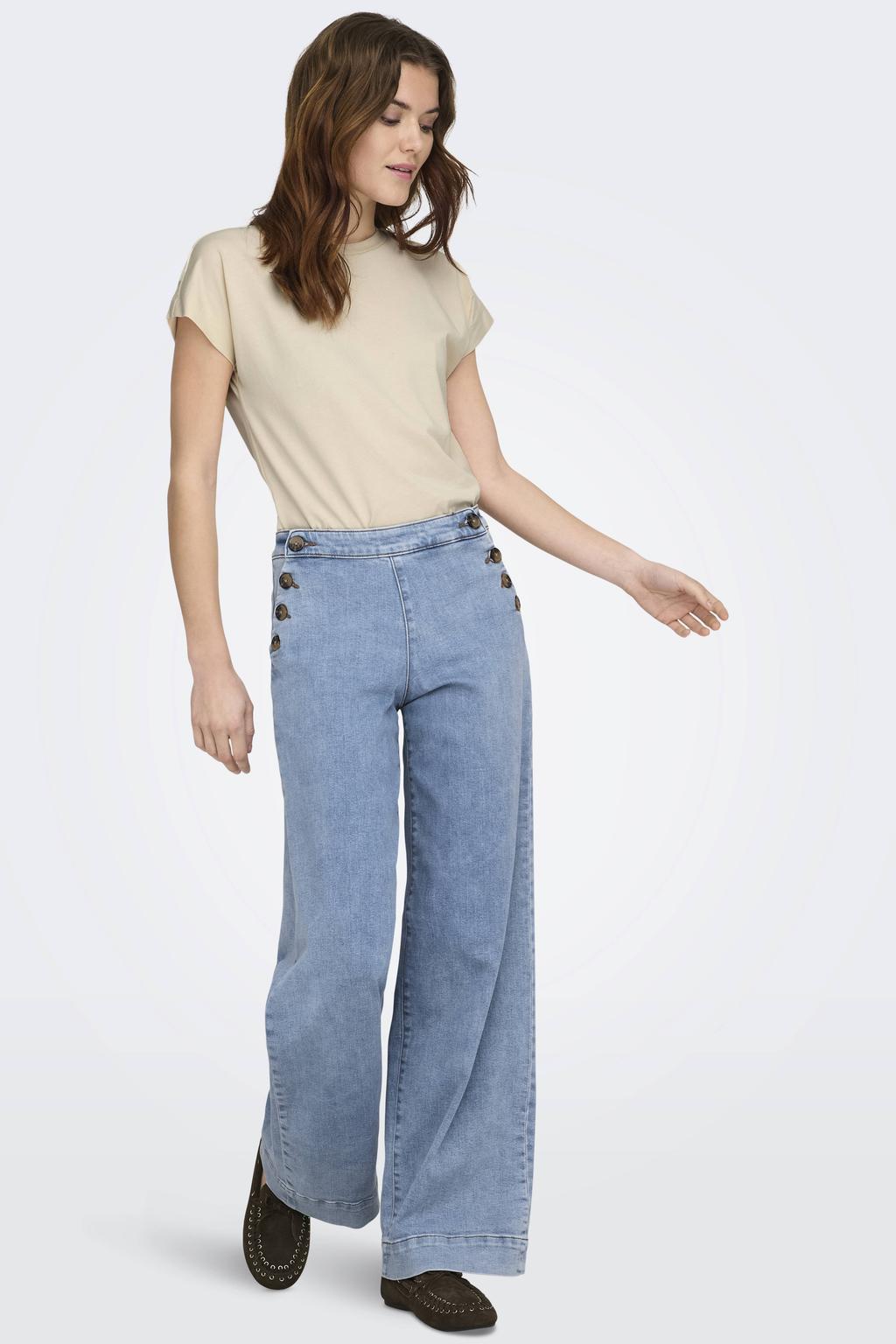 Light blue denim dames ONLY high waist wide leg jeans van denim met knoopsluiting en effen