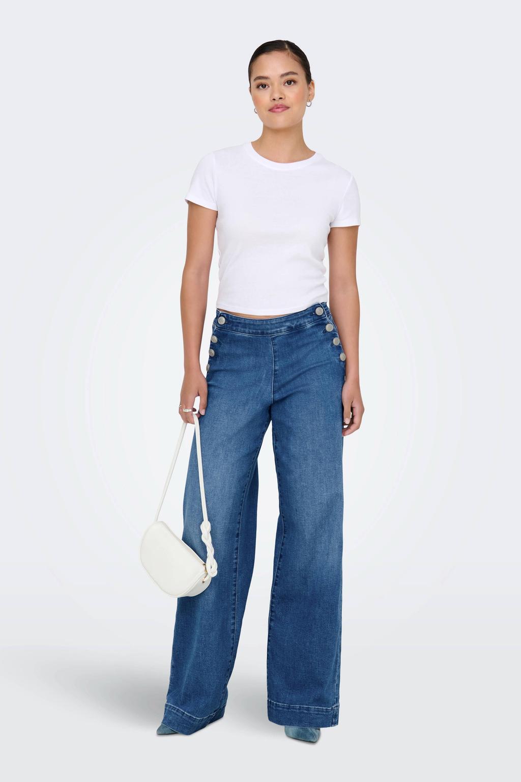 Medium blue denim dames ONLY high waist wide leg jeans van denim met knoopsluiting en effen