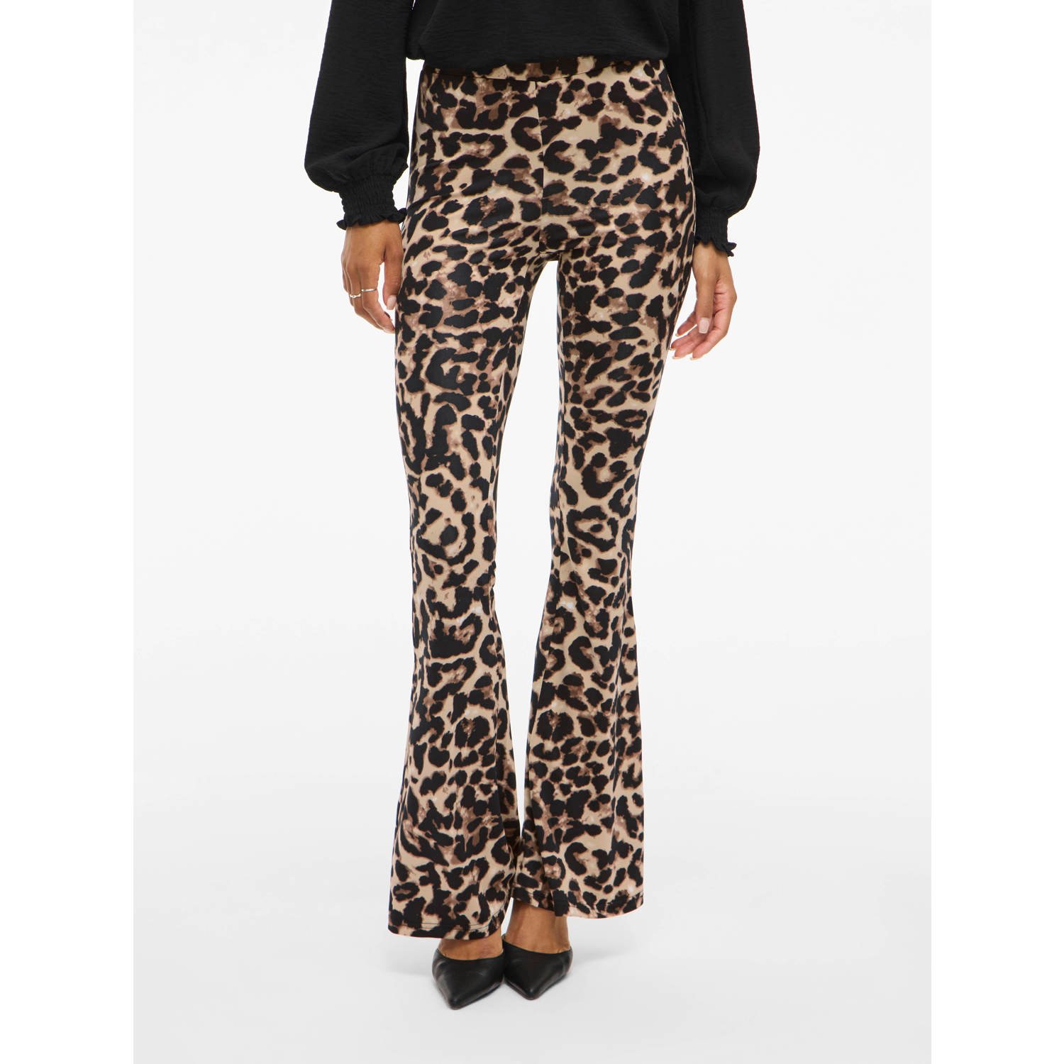 VILA flared legging met panterprint VILEOA zwart beige