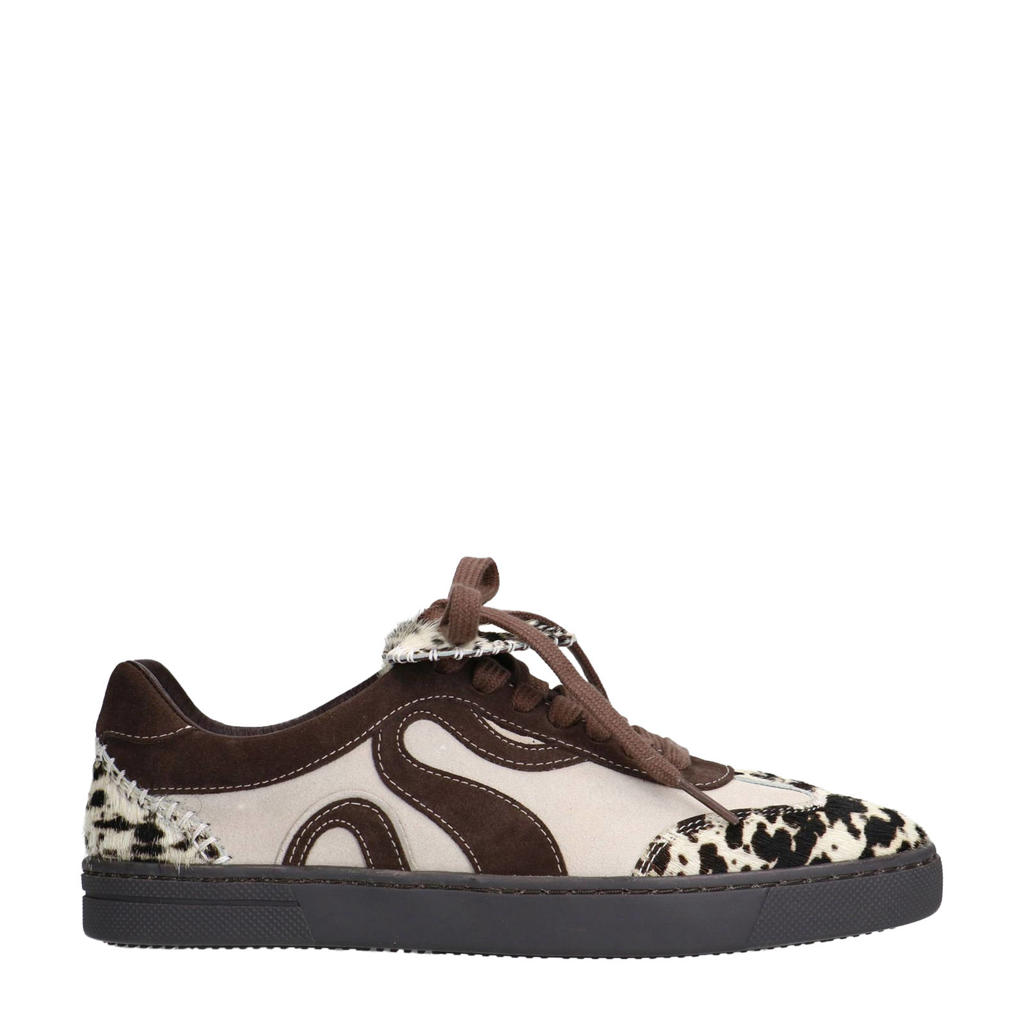 Bruine dames Sacha suède sneakers met veters en koeienprint