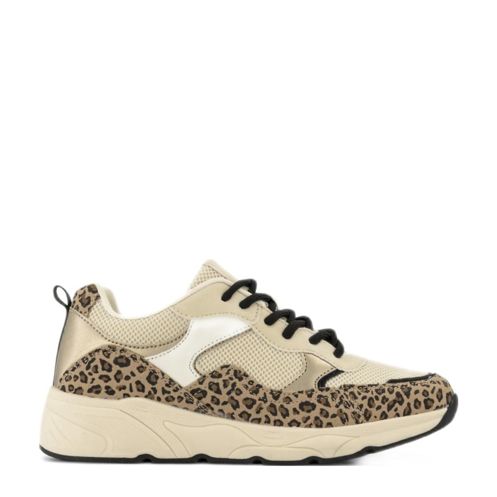 Beige dames Graceland chunky sneakers panter van imitatieleer en textiel met veters
