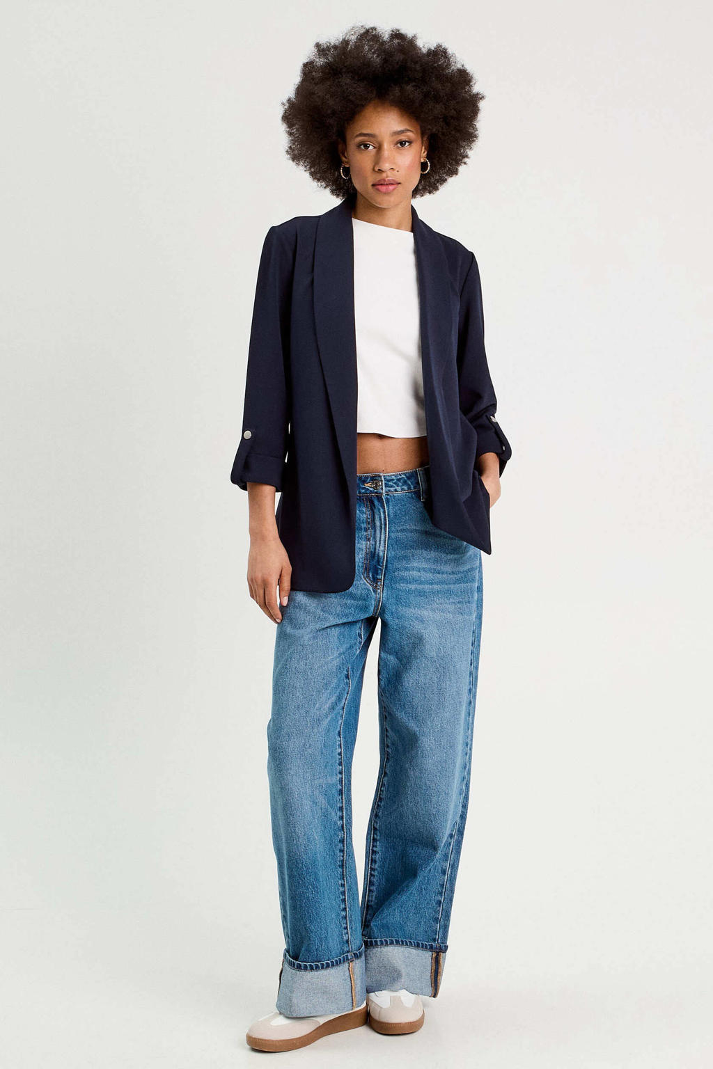 Marineblauwe dames Cache Cache getailleerde blazer van polyester met effen, driekwart mouwen en sjaalkraag